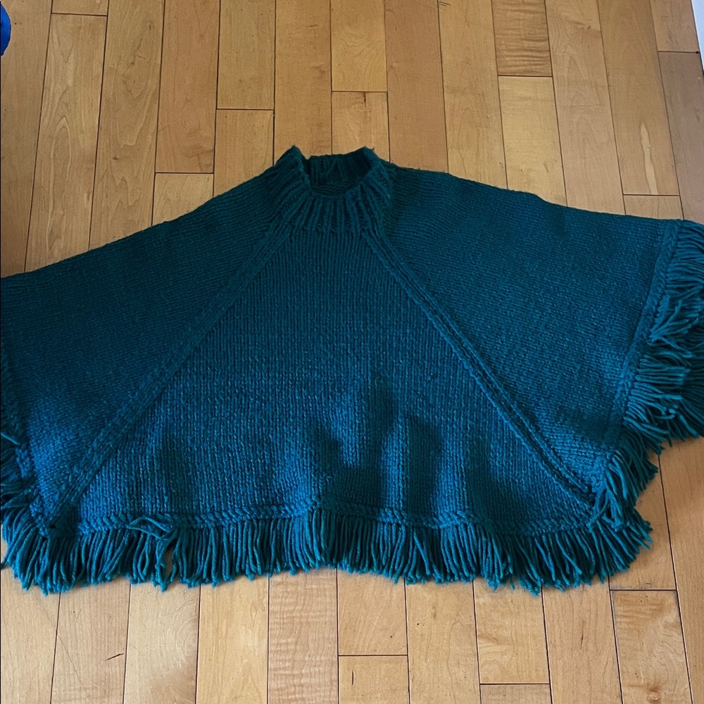 Vintage 1970s One Of A Kind Fringed Cropped Hand Knit Sweater Poncho